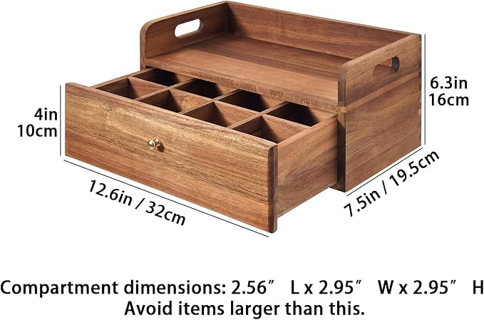 SARUFO Acacia Wood Tea Bag Organizer with Drawer - Tea Station Chest and Storage Box, Coffee and Teabag Holder with 8 Compartments, Containers and Boxes for Countertop Display - Image 2