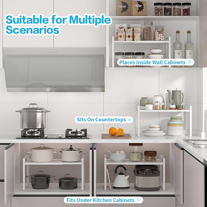 Expandable Cabinet Shelf Organizer, 2 Pack Stackable Metal Storage Rack, Adjustable Width & Height Countertop Spice Rack, Heavy Duty Pantry Cupboard Under Sink Organizer for Kitchen Office - Image 5