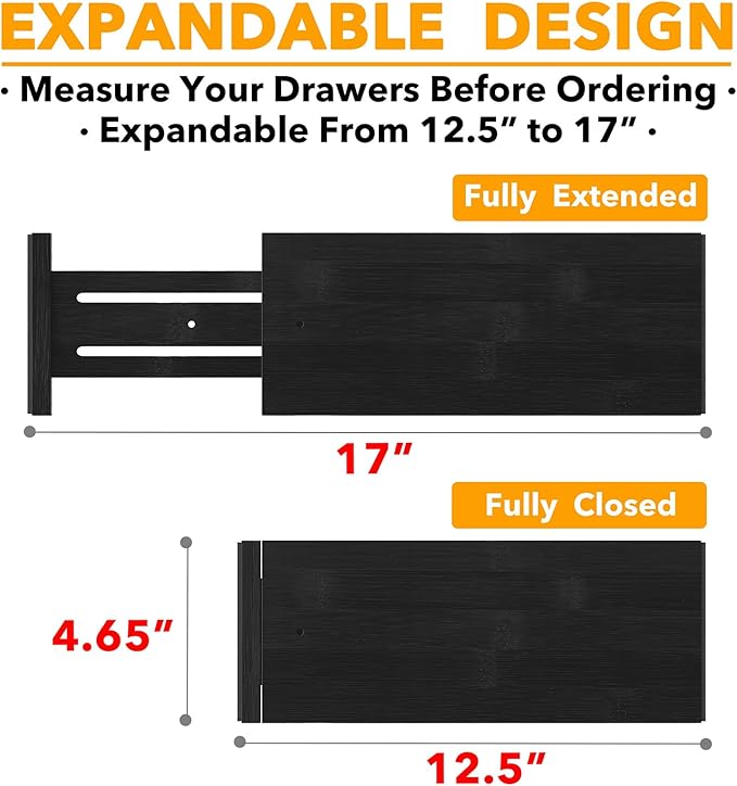 SpaceAid Bamboo Dresser Drawer Dividers 6 Pack, 4.65“ High Adjustable 12.5“-17” Drawer Organizers, Expandable Organization for Clothing, Clothes, Dressers, Black - Image 3