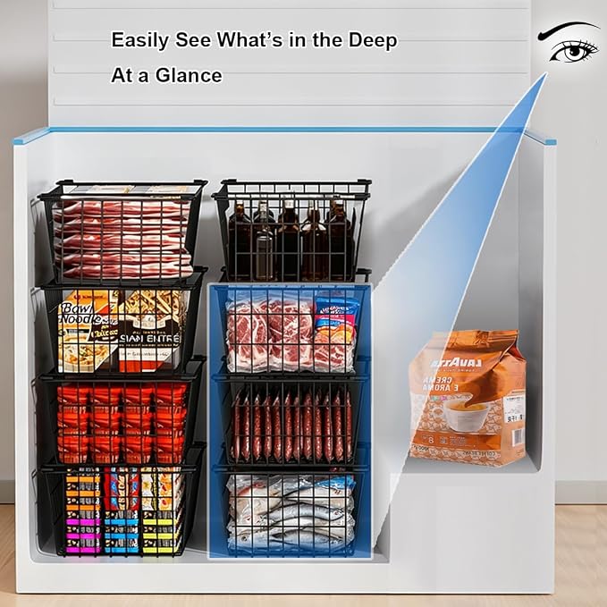 Orgneas Freezer Organizer Bins Baskets for Chest Deep Freezer 4Pcs | Large Metal Wire Stacking Container Organizer and Storage Baskets for Freezer Sort Frozen and Meats - Image 4