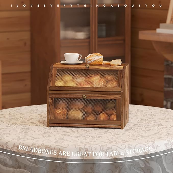 STDDRE Bread Box for Kitchen Countertop Large Double-Layer Wooden Corner Bread Box Farmhouse Bread Storage Bin Acacia Wood (Brown, Large) - Image 5