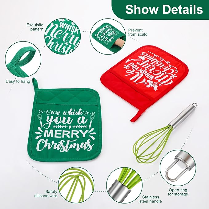 LemonRoad 12 Sets Christmas Whisk Baking Gift Set Xmas Silicone Whisks Oven Mitt Pot Holder Greeting Cards Ribbon Bags for Holiday Kitchen Utensils Cooking Supplies Neighbor Gift(Classic,Red, Green) - Image 3