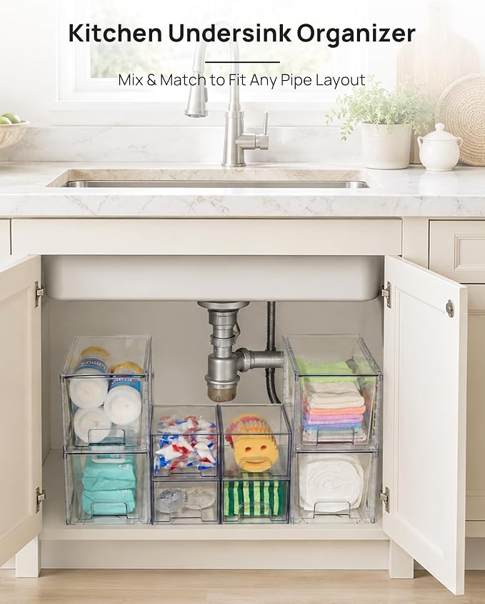 Vtopmart 8 Pack Clear Pull-Out Under Sink Organizer Set (4 Large & 4 Small) | Stackable Storage Drawers, Designed to Fit Bathroom & Kitchen, Under-Sink Organization - Image 5
