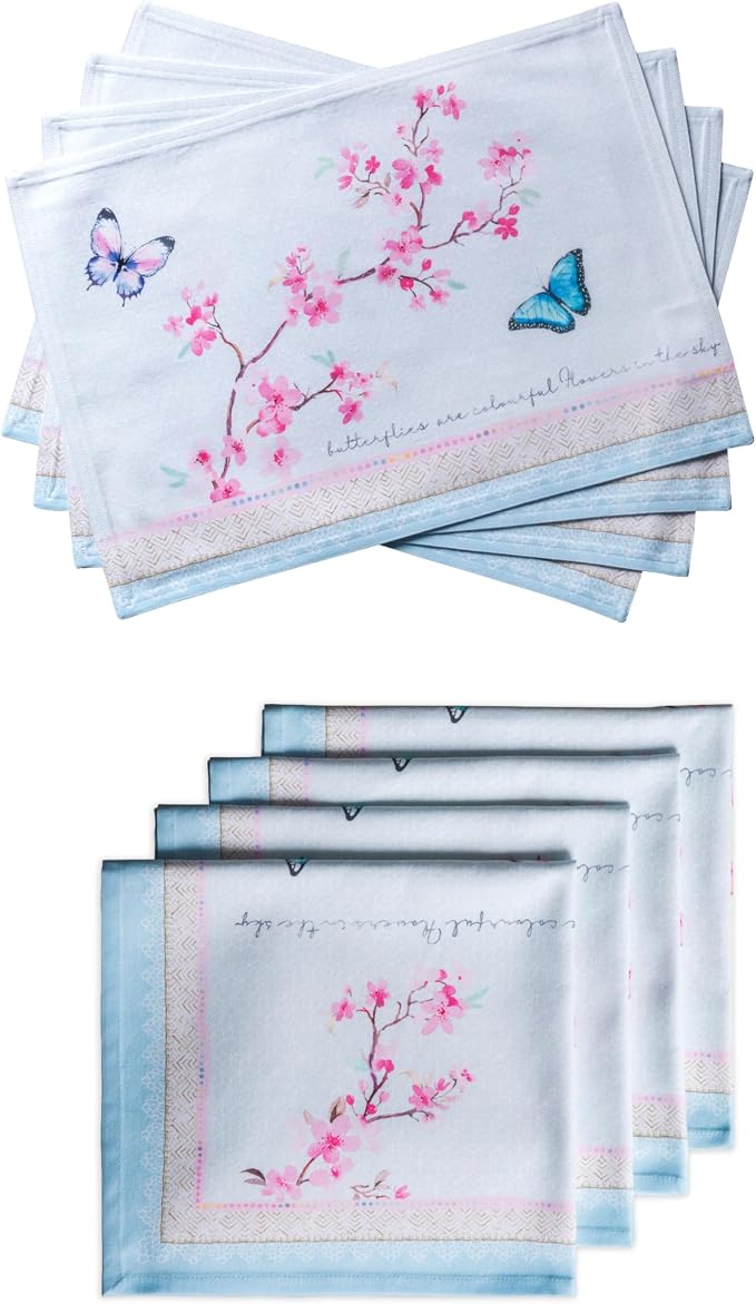 Maison d' Hermine Blossom in Spring Bundle Set 100% Cotton Set of 4 Napkins (20 Inch by 20 Inch) and Set of 4 Place Mats (13 Inch by 19 Inch) by MaisondHermine