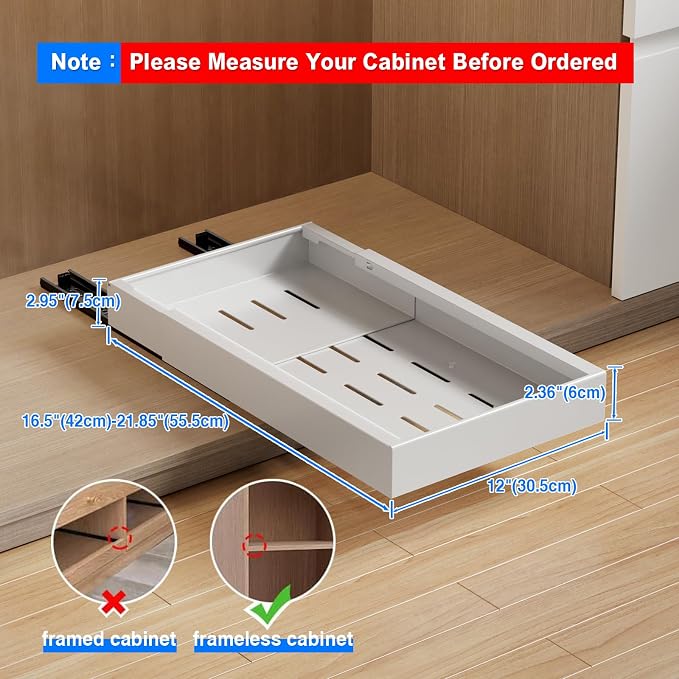 MUSTORN 2 Pack Pull Out Cabinet Organizer, 21.8" Deep Slide Out Drawer for Cabinets Adhesive Pull Out Drawers Heavy Duty Pull Out Shelves for Kitchen, Cupboard, Pantry, Bathroom-White - Image 2