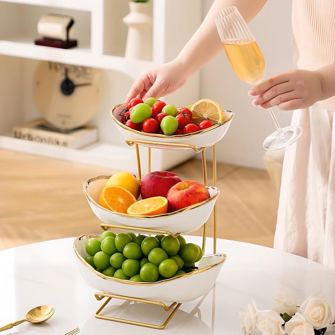 Gold Silver Fruit Bowl with Metal Stand, 3 Tier Ceramic White Fruit Bowl Fruit Rack for Kitchen Counter, Tiered Fruit Basket for Snacks Bread Candy Storage (White A (Smooth Surface)) - Image 5