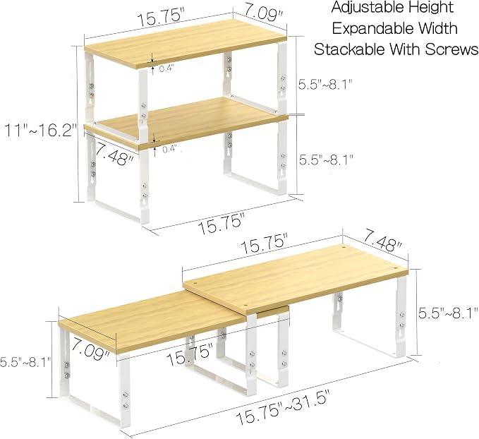 Expandable Kitchen Cabinet Organizer Shelves – Stackable Adjustable Metal and Wood Storage Racks for Countertop, Pantry, Garage Set of 2 Spice Rack – Easy Assembly, Space-Saving(1 Pack/Large/White) - Image 6