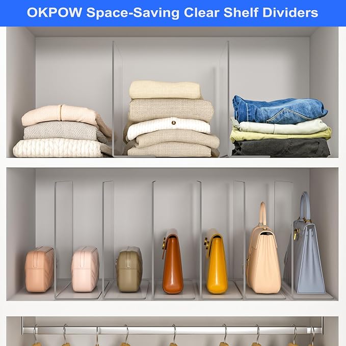 OKPOW Shelf Dividers Closet Organizer - 12" Tall X 11.8" Deep Acrylic Clear Sturdy Separate for Clothes Purse - Adjustable Space Saver Easy Install for Home Organization Enthusiasts 8 Pack - Image 3
