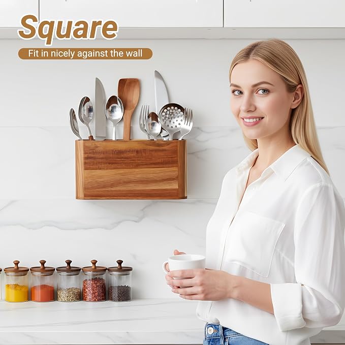 2PC Wooden Kitchen Utensil Holder for Countertop - Wall-mountable Large 4+3 Compartment Acacia Wood Organizer, Rustic Minimalist Utensil Crock for Cooking Tools and Flatware Storage - Image 2