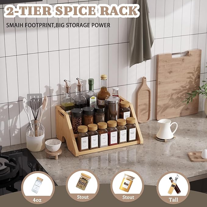 Bamboo Spice Rack Organizer -3-Tier Spice Rack for Countertop,Cabinet Spice Rack Organizer for 18 Spice Jars(4oz)，Step Shelf(Yellow) - Image 5
