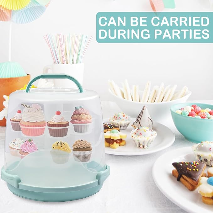 Cake Carrier Round Cake Stand Plus Height Cake Container with Cupcakes Pad, Handle, Lid Reusable Package Box for Transporting Desserts,Pie,Toast,Fruit (10" Blue) - Image 4
