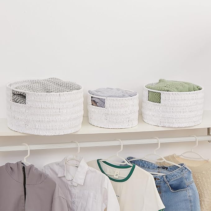 Wicker Storage Basket, Hand-Woven Paper Rope Large Round Woven Basket With Handles, Wicker Baskets for Organizing/Storage, White, 3-Pack - Image 8
