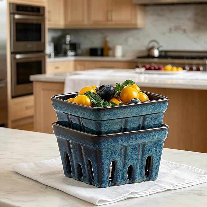 Ceramic Berry Basket, 6" Colander Set of 2 with Holes | Drainage holes help excess water flow away after washing berries, grapes, cherries, tomatoes, and fresh fruit - Image 8