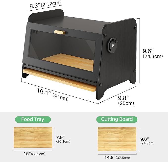 SNTD Bread Box for Kitchen Countertop, Bamboo Cutting Board, 1 Tier, Black | Adjustable Vent Hole, Airtight Design, Natural Wood, Magnetic See-through Door, Metal Frame, Homemade Bread Storage Container - Image 2