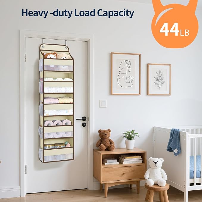 Yecaye Over The Door Organizer Storage, 5-Tier Heavy Duty Door Organizers Hanging with 10 Side Mesh Pockets, 44 lbs Load Capacity Behind Door Storage for Bathroom Nursery Bedroom Dorm Closet,Beige,1Pc - Image 3
