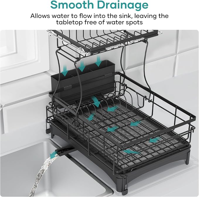 Dish Drying Rack for Kitchen Counter, Extendable Dish Rack with Drainboard, Kitchen Countertop 2 Tier Dish Drying Rack, Expandable Dish Strainer with Cutlery Holder, Removable Cutlery Holder（Black） - Image 6