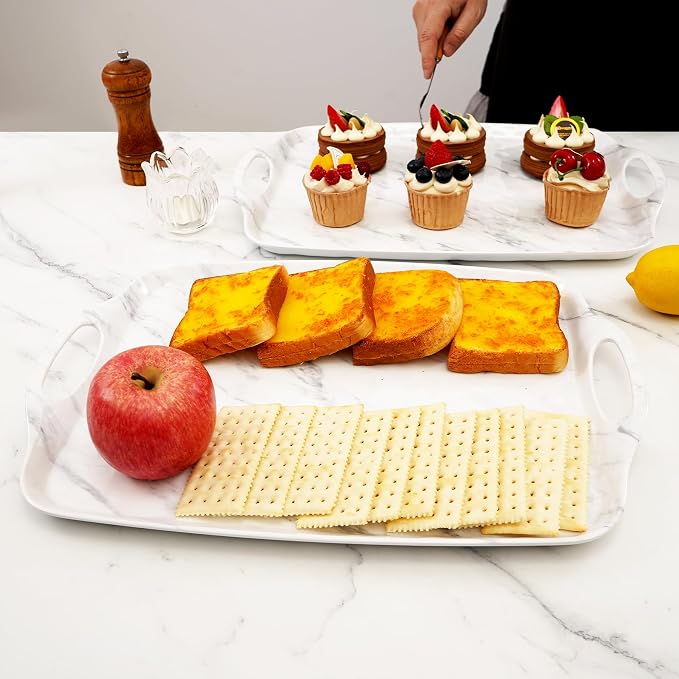 TP Melamine Serving Trays with Handles, 17” x 12”, Set of 2, White Marble | Rectangular Trays, Serving platters for Food and Meat, Party Serving, Lightweight, Break-resistant - Image 6