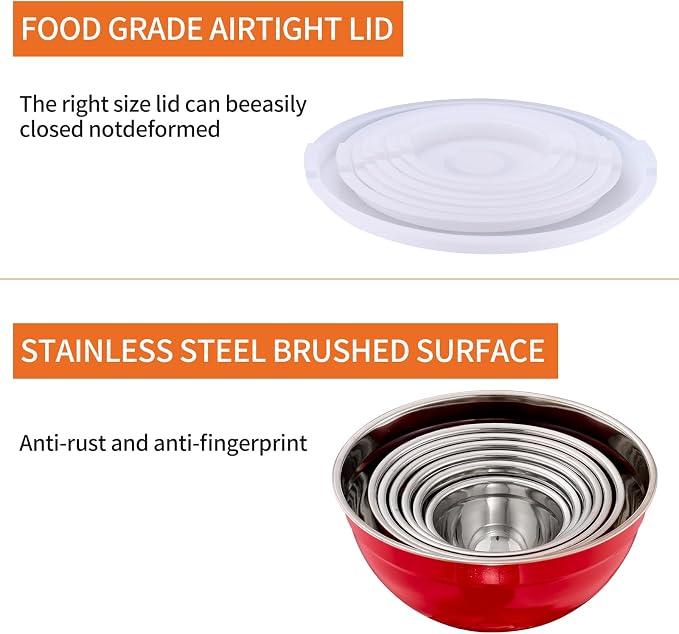 Red Mixing Bowls With Airtight Lids,Stainless Steel Bowl,Salad Bowls 7 Piece Colorful Nesting Bowl Red Kitchen Accessories,Size 7,3.6,2.7,2.1,1.5,1.1,0.8QT Stackable Design - Image 4