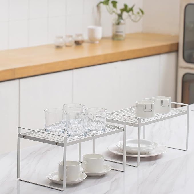 Shantton Cabinet Shelf Organizer, Pantry Shelf Rack, White 13x8.3x7.3 | 2-Pack Stackable Metal Riser Holds 40LBS with Non-Slip Feet for Kitchen Pantry Bathroom Countertop Freezer Cupboard - Image 2