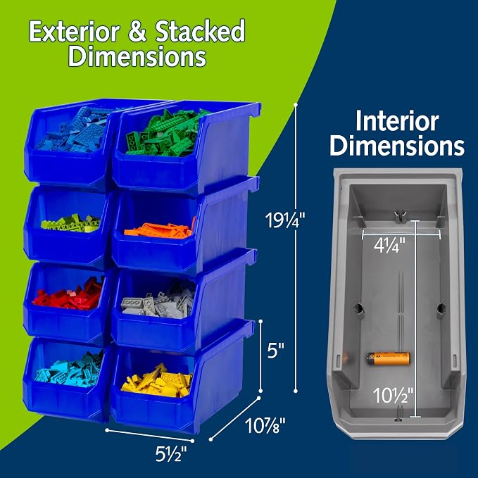 Medium Stackable Plastic Storage Bins, 8-Pack, Blue | Open-Front Stackable Bins For Garage, Pantry, Closet & Office, 11"L X 5,5"W X 5"H, Nests When Empty, Durable Plastic, - Image 3