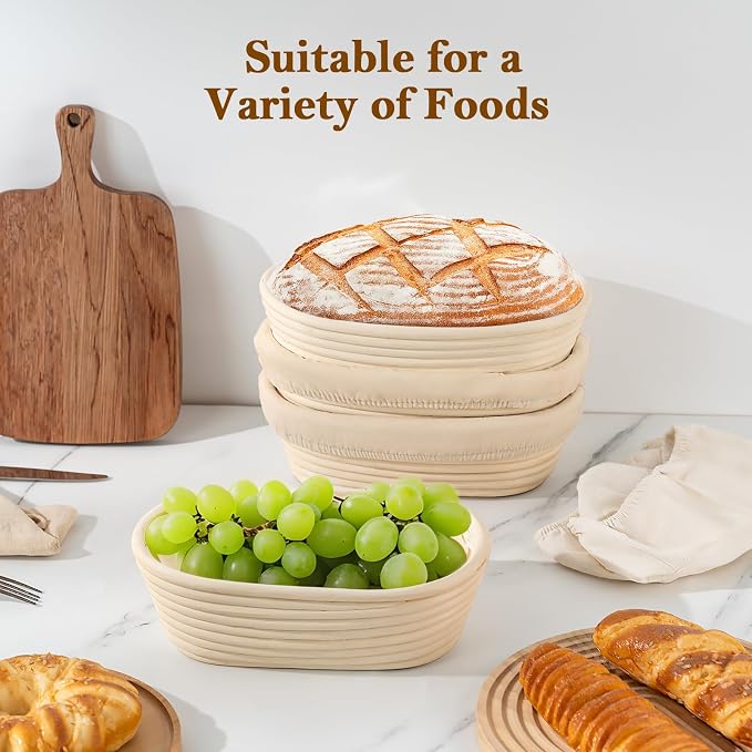 4 Pack 10 Inch Oval Banneton Bread Proofing Basket, Rattan Sourdough Bread Baskets with Liners for Home Baking - Image 3