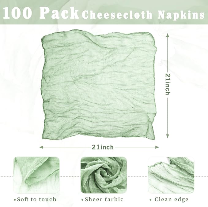 100 Pack Sage Green Cheesecloth Napkins Washable 21x21 Inches Sage Green Cloth Napkins Set of 100 Dinner Table Napkins for Wedding Bridal Baby Shower Rustic Boho Cotton Gauze Summer Party Table Decor - Image 3