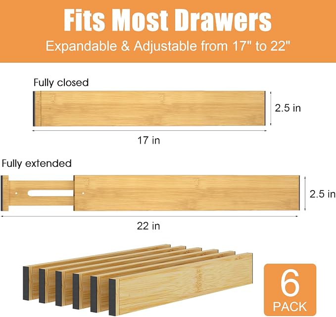 Bamboo Drawer Dividers, Adjustable Drawer Organizers, Fits 17.6–21" Drawers | 2.5" High, 6 Pack Expandable Drawer Separators for Kitchen, Nursery, Dressers & Office Storage, Natural - Image 3