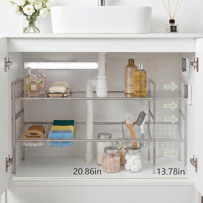 Under-Sink Organizer 2-Tier Expandable Cabinet Storage (4 panels 4 baskets) | LED Motion-Sensing Auxiliary Lighting Dial Thermometer Stainless Steel Telescopic & Adjustable Rust-Resistant - Image 3