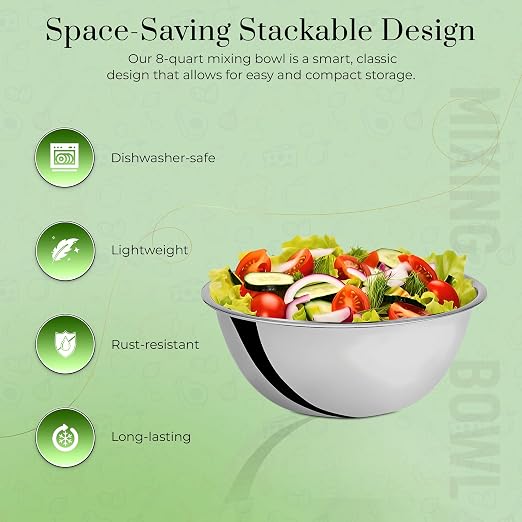 OCS Parts 8 Quart Stainless Steel Mixing Bowl | 13.25-Inch | Professional Grade Flat Base Mixing Bowl - Image 3