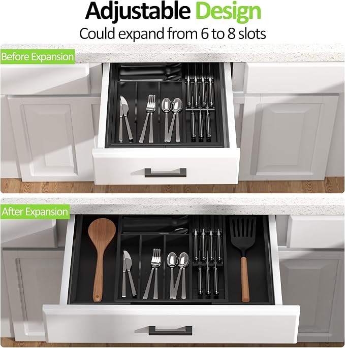 Bamboo Kitchen Drawer Organizer, Expandable Silverware Organizer with Removable Knife Block, 6-8 Slots- Utensil Holder & Cutlery Tray Drawer Dividers, 2.36" Deep for Extra Capacity, Black - Image 3