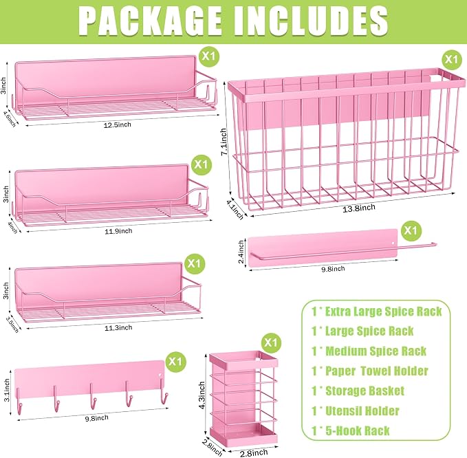 Magnetic Spice Rack for Refrigerator, 7 Pack Magnetic Fridge Shelf for Kitchen Organization Storage, Moveable Spice Organizer W/Paper Towel Holder, Utensil Caddy, Cutting Board Rack (Pink) - Image 2