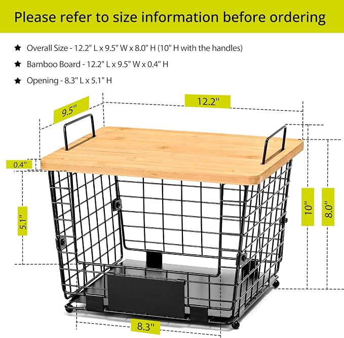 2 Set Large Stackable Wire Basket with Bamboo Tops & Tag- Pantry Organizer and Storage Bins, Kitchen Counter Cabinet Shelf Countertop Under Sink Organizing for Food Snack Produce Onion Potato Bread - Image 6