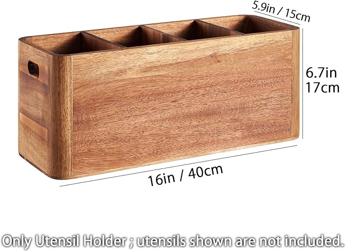 16" Wooden Kitchen Utensil Holder, Extra Large Acacia Wood Organizer for Cooking Tools, Utensils & Cutlery Storage – 4-Compartment Countertop Holder - Image 2