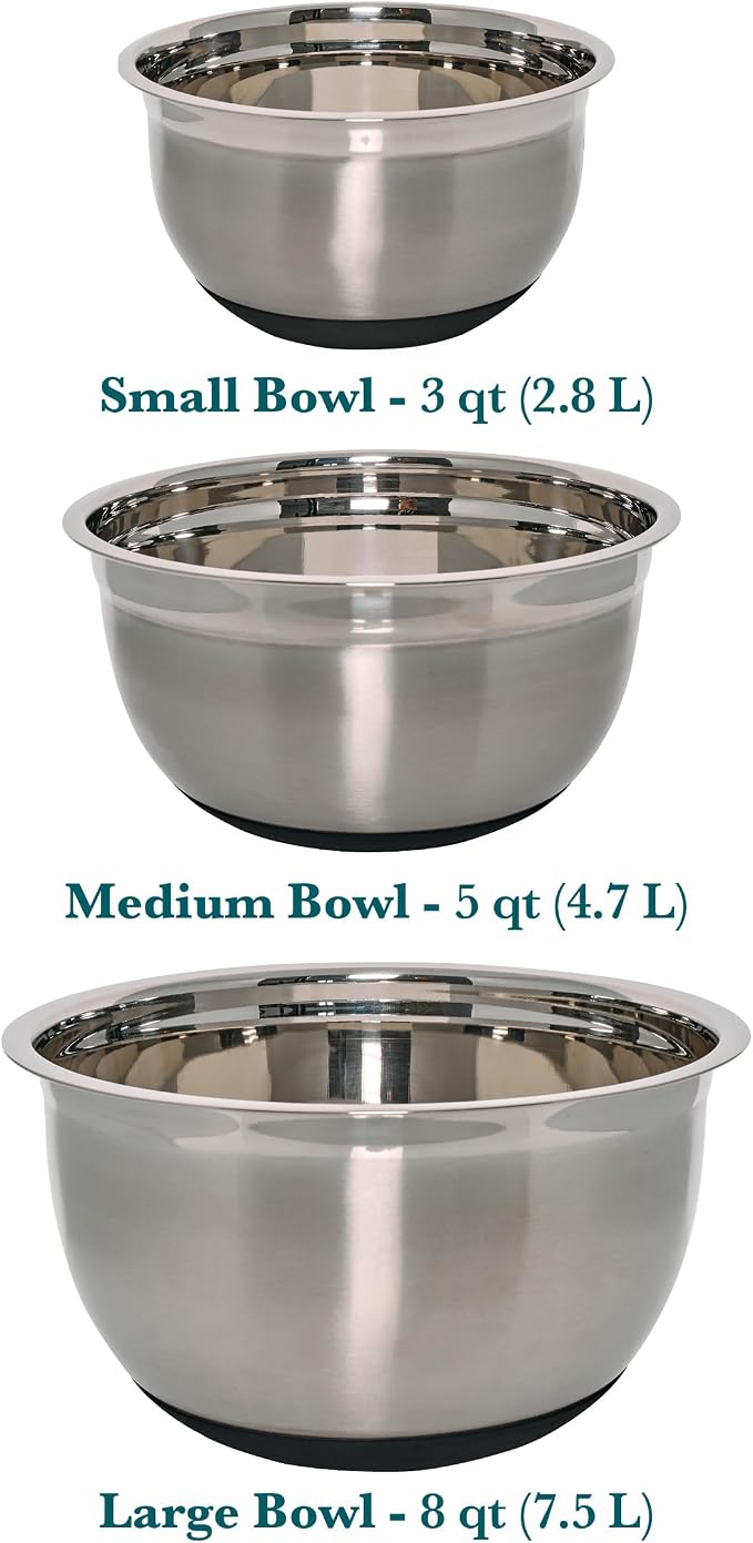 Chicago Metallic Stainless Steel Mixing Bowls Set of 3-3 Qt, 5 Qt, 8 Qt Nesting Bowls with Nonslip Silicone Bases, Dishwasher Safe, Rust Resistant for Kitchen Prep, Serving, and Food Storage - Image 2