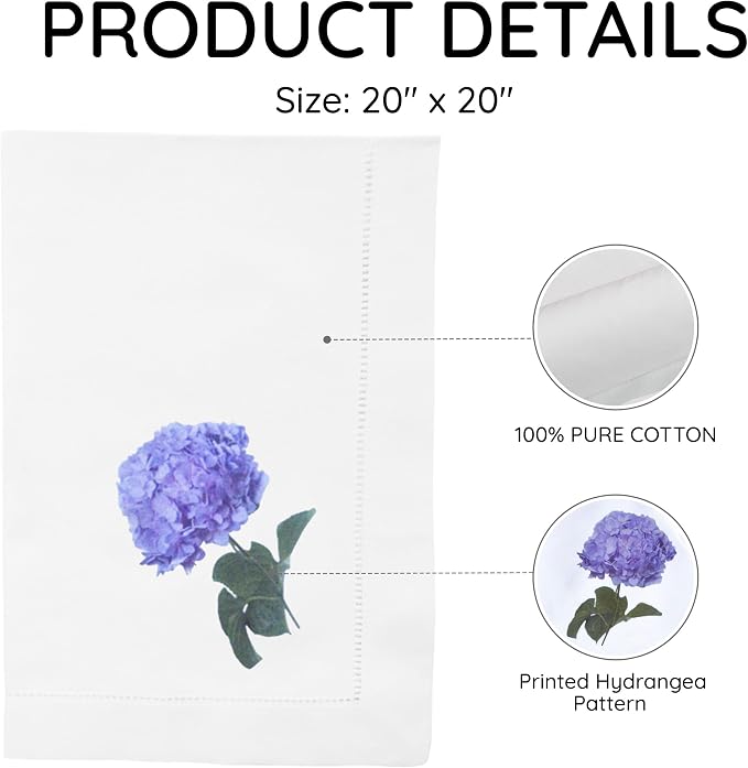 Cloth Tea Napkins Set of 4, Floral Print Cloth Napkins, Minimal Reusable Cotton Table Napkins for Dinner, Weddings, Parties, Coffee and Cocktail Settings, 20x20 Inches (Hydrangea) - Image 3