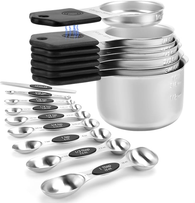 Magnetic Measuring Cups and Spoons Set-Heavy Duty 304 Stainless Steel，Double Measurement Markings，Set of 16 with Leveler for Measure Dry and Liquid Ingredients (Black) by HOUJIP