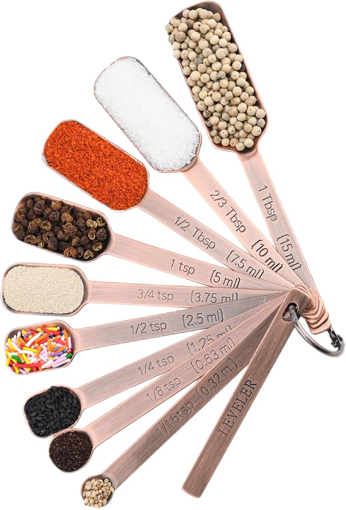 Measuring Cups and Spoons Set, Copper Plated Measuring Cups Spoons, Stainless Steel 7 Measuring cups and 9 Measuring Spoons 1 Leveler for Baking and Kitchen, Metal Copper Measure Cups&Spoons - Image 3