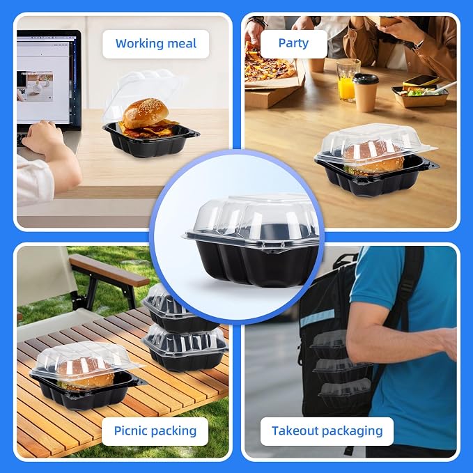 YANGRUI 55-Pack 17 oz 6" Black Clamshell Container, Shrink-Wrapped No Wash | Anti-Fog Crystal Lid, Leakproof BPA-Free PP, Microwave & Freezer Safe for Pastry, Sushi, Macarons & Burger Sliders - Image 5
