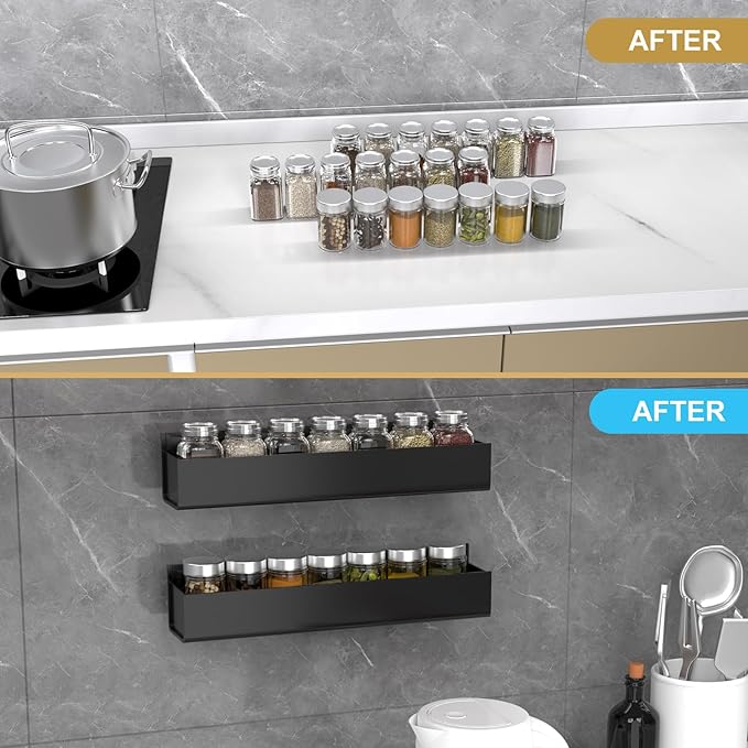 PMMASTO Adhesive Acrylic Spice Rack Organizer for Wall with Nano Double Sided Tape, Spice Shelf Organization for Kitchen Cabinet Door/Pantry Door, Wall Mount Seasoning Rack (Black-2 Pack) - Image 4
