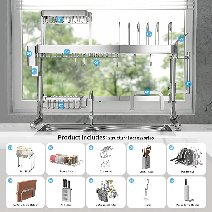 Over Sink Dish Drying Rack, Upgrade 2.5-Tier 304 Stainless Steel Dish Rack Adjustable Length with Pots and Pans Rack, Modern Over The Sink Dish Drainer Rack for Kitchen Storage Counter Organizer - Image 5