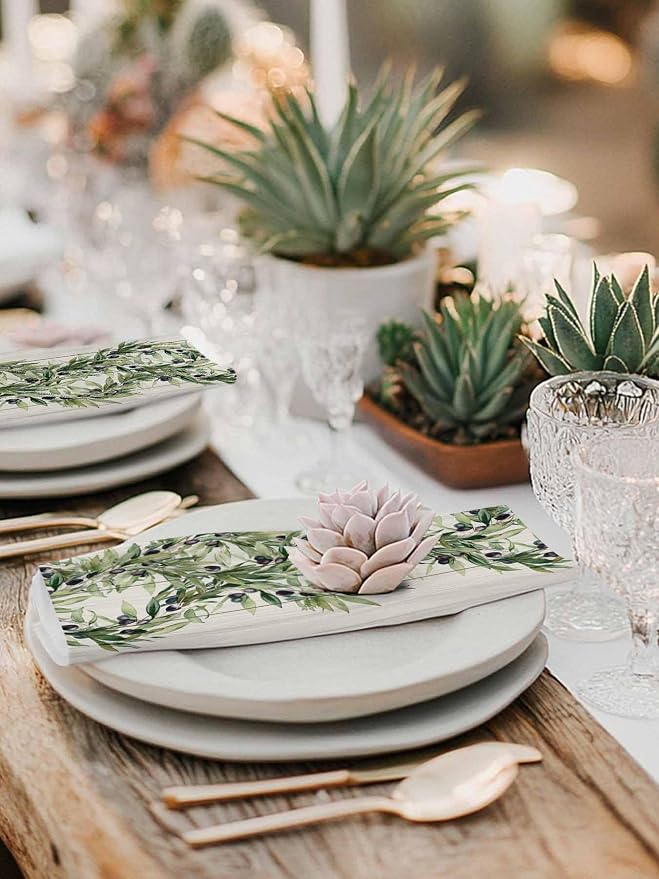 Kitchen Dinner Napkins Set of 4, Vintage Olive Leaf Cloth Napkins Reusable Washable Table Napkins for Weddings Cocktail Parties Holiday Table Decor 20x20 Inch Farmhouse Wooden Grain - Image 6