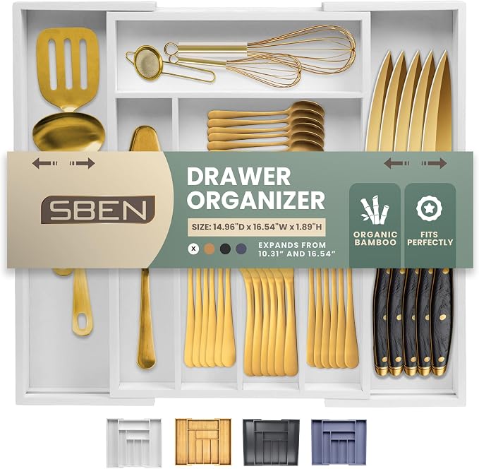 Sben Expandable Drawer Organizer for Utensils Holder, Adjustable Cutlery Tray, 6-8 Slots, Premium Wood Drawer Dividers Organizer for Silverware, Flatware, Knives for Kitchen (White) by SBEN