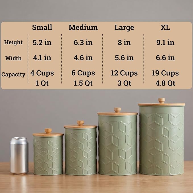 Kitchen Canisters for Countertop Set of 4, Textured Iron w/ Airtight Lids | Airtight Easy Open Bamboo Lids - Dent-Resistant Thick Metal - Sturdy Comfortable Bamboo Handles - Raised Textured Pattern - Image 6
