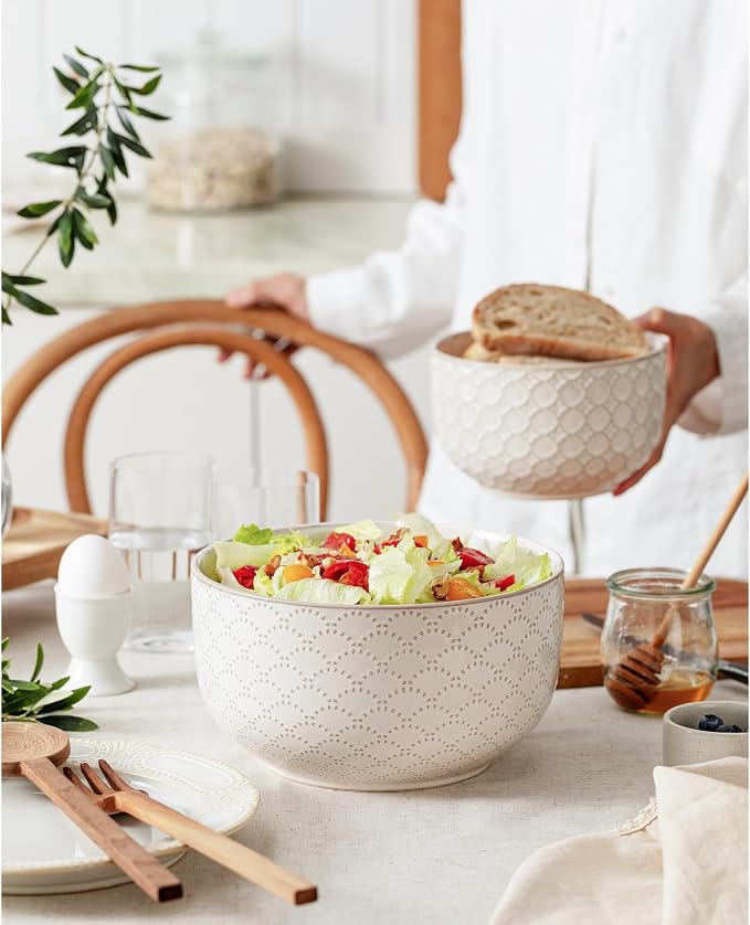 Mikiegy Ceramic Mixing Bowls Set of 2, Nesting Ceramic Embossment Stoneware Mixing Bowls for Cooking, Serving, Popcorn, Salad etc, Microwave & Dishwasher Safe, 44/98 oz, Off-White - Image 4