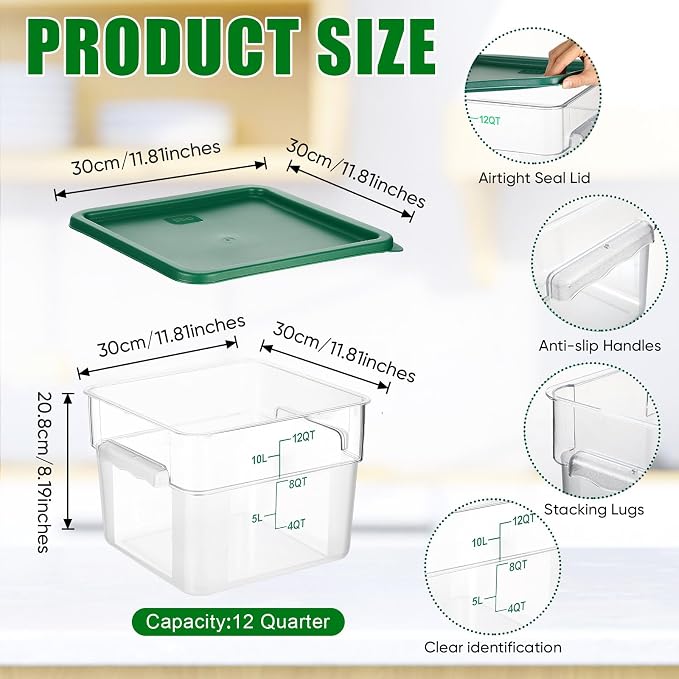 FoldTier 2 Pieces Square Food Storage Containers Polycarbonate Clear food Container with Lid Commercial Storage with Graduations for Commercial Kitchen Dough Marinating Meat(Green,12 Qt) - Image 2