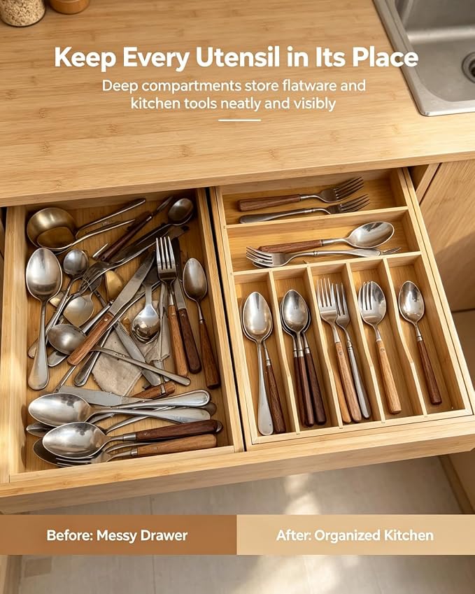 Expandable Bamboo Silverware Drawer Organizer – Adjustable 21" Wide Wooden Utensil Tray with 9-Compartments, Large Kitchen Flatware & Spoon Holder, Natural Solid Wood for Drawers - Image 5
