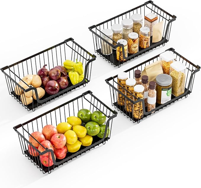 4 Pcs Stackable Wire Baskets for Pantry Organizers and Storage, Black | Metal Baskets with Handles,Produce Potato Onion Storage Bin,Vegetable Fruit Basket for Countertop, Kitchen Storage - Image 8