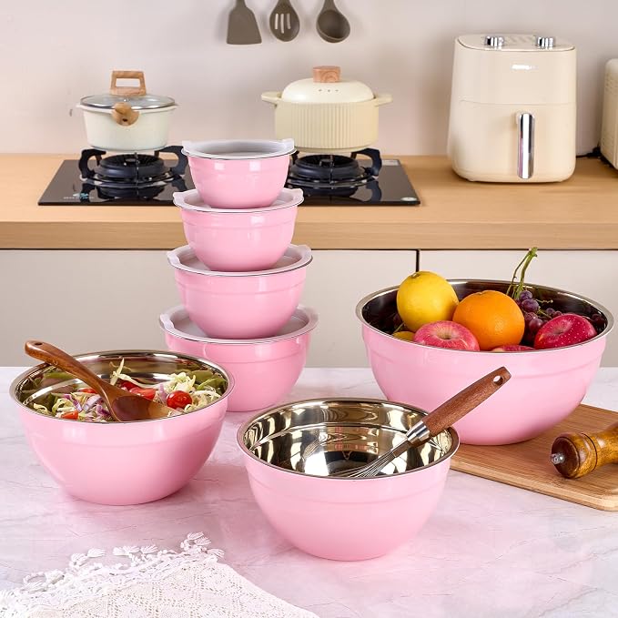 Pink Mixing Bowls with Lids Set of 7, Stainless Steel Nesting Bowl with Khaki Lid for Non-slip Mixing Prepping Storing Serving, 7 Sizes-7/3.6/2.7/2.1/1.5/1/0.8 QT - Image 8