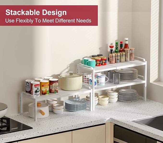 X-cosrack 12" Wide 100LBS Loading-Bearing Heavy Duty Kitchen Storage Shelf, Expandable Cabinet Shelf Organizer, Stackable Adjustable Storage Shelves for Kitchen Cabinet Cupboard Pantry Counter - Image 4