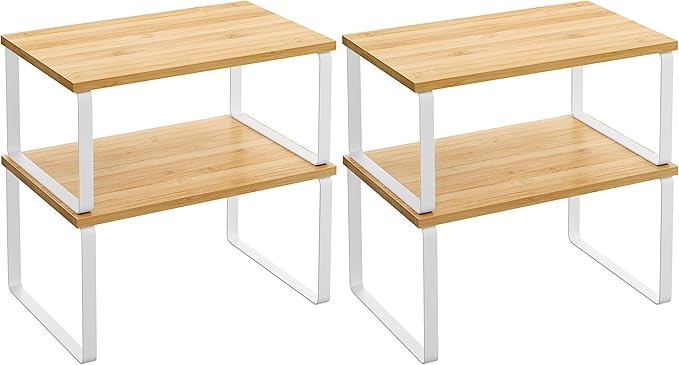 SONGMICS Cabinet Organizer Shelf, Set of 2 Kitchen Counter Shelves, Kitchen Storage, Spice Rack, Stackable, Expandable, Metal and Engineered Wood, Cloud White and Natural Beige UKCS02NW (Pack of 2) by Unknown